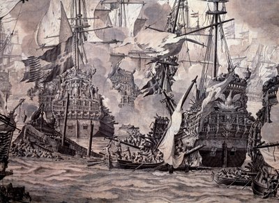 معركة الصوت بين الأساطيل الهولندية والسويدية ، 8 نوفمبر 1658. التفاصيل - رسم بالزيت والحبر بواسطة فيليم فان دي الأكبر فيلدي