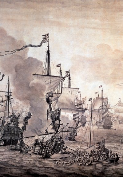معركة الصوت بين الأساطيل الهولندية والسويدية ، 8 نوفمبر 1658. التفاصيل - رسم بالزيت والحبر بواسطة فيليم فان دي الأكبر فيلدي