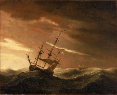 سفينة إنجليزية مستلقية في عاصفة هوجاء، أواخر القرن السابع عشر (زيت على قماش) بواسطة Willem van de Velde the Younger