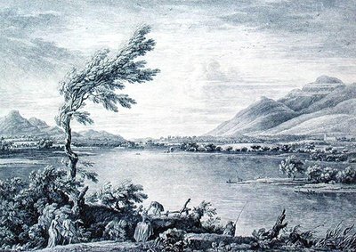 منظر لديروينت ووتر من جزيرة فيكارز باتجاه Skiddaw ، محفور بواسطة Chatelin و Grignion (نقش) بواسطة وليام (بعد) بيلرز