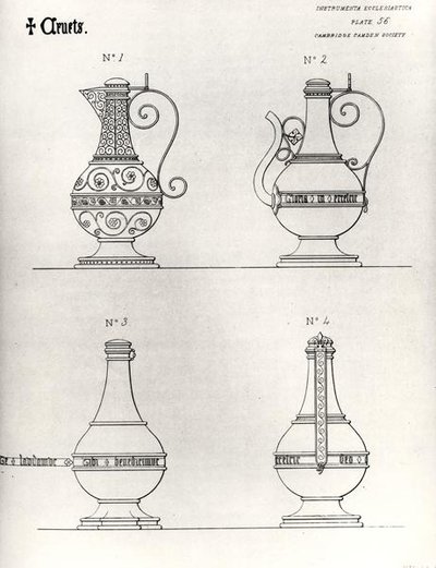 إبريق زجاجي ، رسم توضيحي من "Instrumenta Ecclesiastica" ، السلسلة الأولى ، اللوحة 56 ، نقشها توماس تورنبول ، نُشر عام 1846 (حجر صغير) (صورة b / w) بواسطة وليام (بعد) بترفيلد