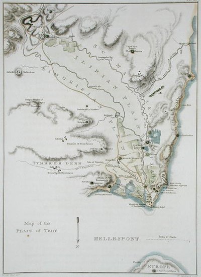 خريطة سهل طروادة ، من "تضاريس طروادة وقربها" ، نقشها توماس ميدلاند (1755-1823) ونشر عام 1804 (نقش ملون) بواسطة وليام (بعد) جيل