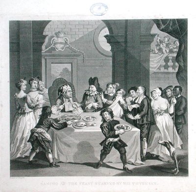 سانشو في العيد يتضور جوعاً بواسطة طبيبه ، نقش بواسطة توماس كوك (1744-1818) (نقش) بواسطة وليام (بعد) هوغارث