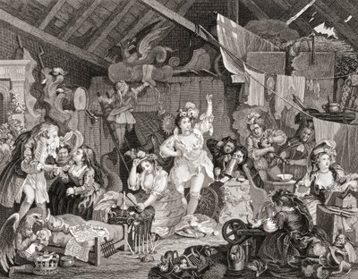 تمرين اللاعبين المتجولين في حظيرة ، نقشها جي بريسبري ، من The Works of Hogarth المنشور في لندن عام 1833 (نقش أبيض وأسود) بواسطة وليام (بعد) هوغارث