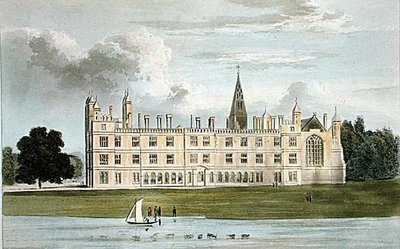 Burghley House ، من "مستودع الفنون" لأكرمان ، نُشر عام 1826 (لون ليثو) بواسطة وليام (بعد) ويستال