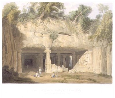 الجزء الخارجي لمعبد الكهف العظيم في إليفانتا ، بالقرب من بومباي ، في عام 1803 ، من المجلد الثاني من "المناظر الطبيعية والأزياء والهندسة المعمارية في الهند" ، نقش بواسطة حانة SG Hughes. بواسطة سميث ، إلدر وشركاه بواسطة وليام (بعد) ويستال