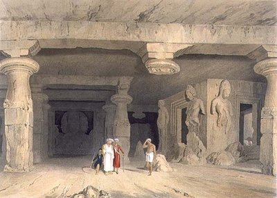 الجزء الداخلي لمعبد الكهف العظيم في إليفانتا ، بالقرب من بومباي ، في عام 1803 ، من المجلد الثاني من "المناظر الطبيعية والأزياء والهندسة المعمارية في الهند" ، نقش بواسطة جيه بيلي ، حانة. بواسطة سميث ، إلدر وشركاه بواسطة وليام (بعد) ويستال