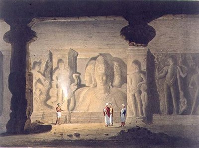 الثالوث العظيم في معبد الكهف في إليفانتا ، بالقرب من بومباي ، في عام 1803 ، من المجلد الثاني من "المناظر الطبيعية والأزياء والهندسة المعمارية في الهند" ، نقش بواسطة تي إيدج ، حانة. بواسطة سميث ، إلدر وشركاه بواسطة وليام (بعد) ويستال
