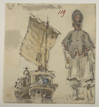 119 دراسة للقوارب والشكل ، من ألبوم يضم 372 رسماً للمناظر الطبيعية والسواحل والأزياء والحياة اليومية التي تم إجراؤها أثناء سفارة اللورد ماكارتني إلى إمبراطور الصين ، بين عامي 1792 و 1794 (قلم رصاص وألوان مائية على ورق) بواسطة وليام الكسندر
