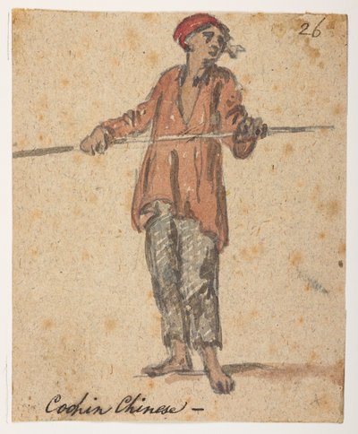 26 "Cochin Chinese،"  من ألبوم يحتوي على 372 رسمًا للمناظر الطبيعية والسواحل والأزياء والحياة اليومية التي تم صنعها خلال سفارة اللورد ماكارتني إلى إمبراطور الصين ، بين عامي 1792 و 1794 (قلم رصاص وألوان مائية على ورق) بواسطة وليام الكسندر