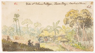 34 "View at Tobacco Village، Turon Bay - Cochin China،"  من ألبوم يحتوي على 372 رسمًا للمناظر الطبيعية والسواحل والأزياء والحياة اليومية التي تم صنعها خلال سفارة اللورد ماكارتني إلى إمبراطور الصين ، بين عامي 1792 و 1794 (قلم رصاص وألوان مائية على ورق) بواسطة وليام الكسندر