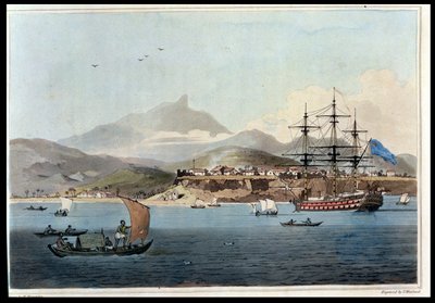 بورتو برايا في جزيرة سانت جاغو ، اللوحة 4 من "رحلة إلى كوتشينشينا" لجون بارو (1764-1848) منقوشة بواسطة توماس ميدلاند (1755-1823) 1806 (أكواتينت) بواسطة وليام الكسندر