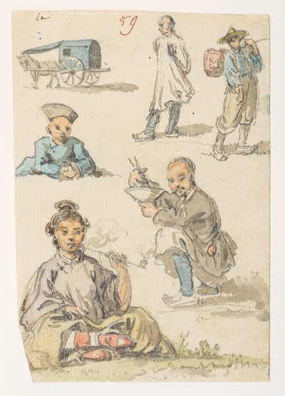 f.11 59 دراسات اللغة الصينية ،  من ألبوم يحتوي على 372 رسمًا للمناظر الطبيعية والسواحل والأزياء والحياة اليومية التي تم صنعها خلال سفارة اللورد ماكارتني إلى إمبراطور الصين ، بين عامي 1792 و 1794 (قلم رصاص وألوان مائية على ورق) بواسطة وليام الكسندر
