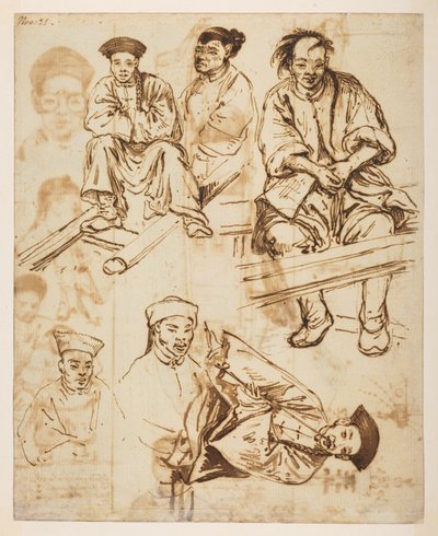[f.57 140v دراسات الشكل ، رجال صينيون. "21 نوفمبر" ، من ألبوم يضم 372 رسمًا للمناظر الطبيعية والسواحل والأزياء والحياة اليومية التي تم إجراؤها أثناء سفارة اللورد ماكارتني إلى إمبراطور الصين ، بين عامي 1792 و 1794 (قلم رصاص وألوان مائية على الورق) بواسطة وليام الكسندر