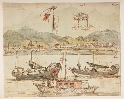 f.59 148 قوارب وأقواس النصر.  ، من ألبوم يضم 372 رسمًا للمناظر الطبيعية والسواحل والأزياء والحياة اليومية التي تم صنعها خلال سفارة اللورد ماكارتني إلى إمبراطور الصين ، بين عامي 1792 و 1794 (قلم رصاص وألوان مائية على ورق) بواسطة وليام الكسندر