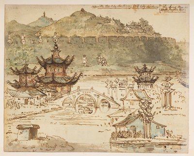 f.59 148v 'مقابل حلقة شين المدينة في مدينة ليو شونغ. Sin-chung 16 تشرين الثاني (نوفمبر). Wall، Pagoda وما إلى ذلك '، من ألبوم يضم 372 رسمًا للمناظر الطبيعية والسواحل والأزياء والحياة اليومية التي تم إجراؤها أثناء سفارة اللورد ماكارتني إلى إمبراطور  بواسطة وليام الكسندر