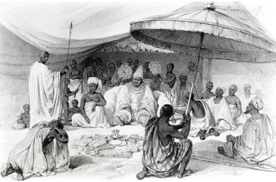 عطا ، من "مناظر خلابة على نهر النيجر ، تم رسمها أثناء زيارة لاندر الأخيرة في ١٨٣٢-١٨٣٣" ، مطبوعة حجرية بواسطة تشارلز هاغي ، ١٨٤٠ بواسطة وليام ألين