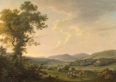 منظر طبيعي مع صانعي القش ومنظر بعيد لمنزل جورجي ، حوالي عام 1780 (زيت على قماش) بواسطة وليام أشفورد