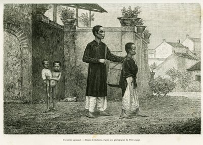 ساحر يمشي ، مدلك أعمى. نقش لباربوتين ، لتوضيح قصة Trente mois au Tonkin ، في عام 1884 ، بواسطة الدكتور بول هوكوارد ، في le Tour du monde 1890 ، تحت إشراف Edouard Charton (1807-1890) ، Hachette ، باريس. بواسطة وليام باربوتين