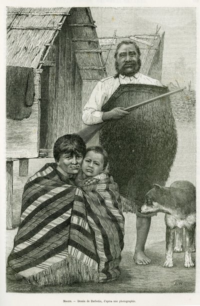 ثلاثة أجيال من الماوري. نقش لباربوتين ، لتوضيح قصة رحلة لا نوفيل زيلاند ، في عام 1889 ، بقلم جي فيرشور ، في لو تور دو موند 1890 ، من إخراج إدوارد شارتون (1807-1890) ، هاشيت ، باريس. بواسطة وليام باربوتين