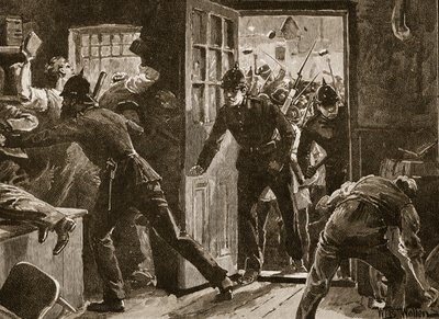 قتال في اينيس بين المتسربين الوطنيين والشرطة ، 1886 ، رسم توضيحي من `` تاريخ كاسيل المصور لإنجلترا &39;&39; (صورة بني داكن) بواسطة صوف ويليام بارنز