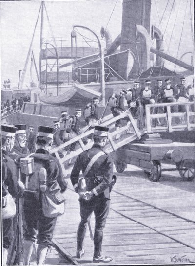 القوات اليابانية تشرع في كوبي ، التوضيح من Casells History of Russo-Japanese War Vol 1 ، c.1900 بواسطة صوف ويليام بارنز