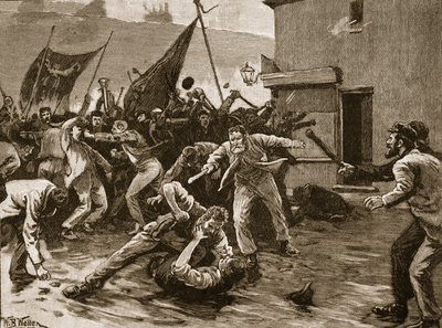 أعمال شغب في بلفاست ، 1886 ، رسم توضيحي من "تاريخ إنجلترا المصور لكاسل" (صورة بني داكن) بواسطة صوف ويليام بارنز