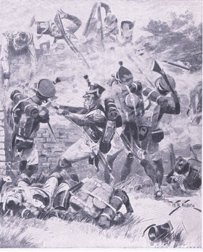 الهجوم على الحائط في Hougomont: Waterloo 1815 ، رسم توضيحي من المعارك البريطانية في البر والبحر ، 1915 بواسطة صوف ويليام بارنز