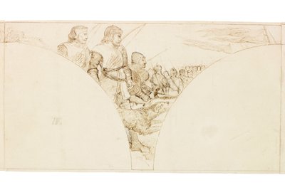 رسم للجدارية في قاعة والينغتون (حبر وقلم رصاص على ورق (ملصوق على البطاقة)) بواسطة وليام بيل سكوت