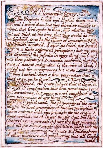 نص خيالي لا يُنسى ، من "زواج الجنة والجحيم" ، حوالي 1790-3 (نقش بارز بالقلم والألوان المائية) بواسطة وليام بليك
