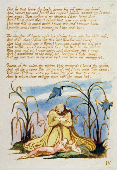 "لكنه الذي يحب المتواضعين ..." ، اللوحة 7 من "كتاب ثيل" ، 1789 (نقش بارز باليد بالقلم ومرحاض على الورق) بواسطة وليام بليك