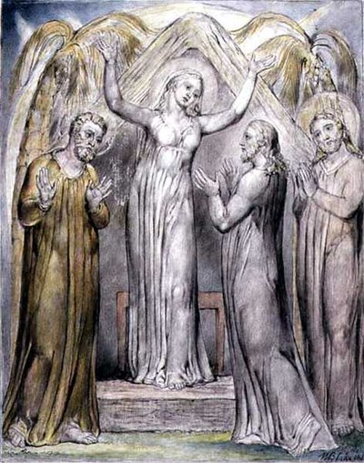 يعود المسيح إلى والدته ، رسم توضيحي من "استعادة الجنة" لجون ميلتون ، حوالي 1816-18 (قلم حبر وحبر ، ورسم ملون باللون الرمادي وألوان مائية على ورق) بواسطة وليام بليك