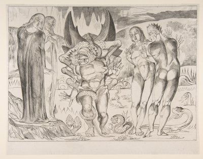 دائرة من Theives: Agnello Brunelleschi هاجمها ثعبان سداسي الأرجل ، من دان ... ، كاليفورنيا. 1825-27. بواسطة وليام بليك