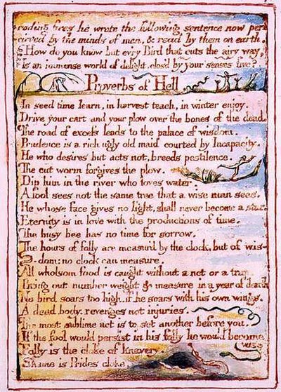"النيران المتآكلة ، كتب ما يلي ..." ، نص من "زواج الجنة والجحيم" ، حوالي 1790-3 (نقش بارز بالقلم الجاف والألوان المائية) بواسطة وليام بليك