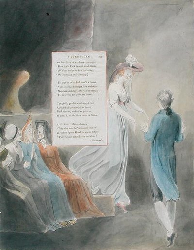 تصميم 33 لـ "قصة طويلة" في "قصائد توماس جراي" ، نُشر في 1797-98 (ألوان مائية مع قلم وحبر على ورق) بواسطة وليام بليك