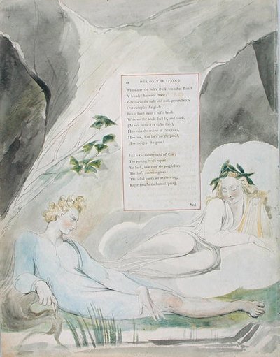 Design 4 لـ "Ode on the Spring" من "The Poems of Thomas Gray" ، نُشر في 1797-98 (ألوان مائية مع قلم وحبر أسود على ورق) بواسطة وليام بليك