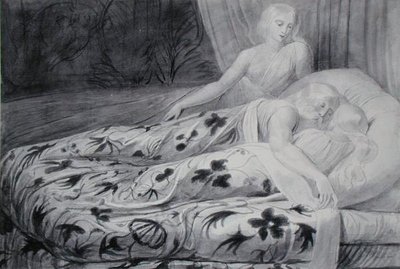 هار وهيفا نائمان مع منثا يحرسانهما ، رسم توضيحي من "تيريل" ، حوالي عام 1788 (قلم ورمادي يغسلان على آثار طباشير أسود على ورق) بواسطة وليام بليك