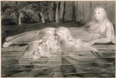 Har and Heva Bathing ، Mnetha Looking On ، c.1785-89 (فرشاة ، حبر وغسل على ورق) بواسطة وليام بليك