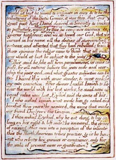 "ثبت أخيرًا أنني نشأت ..." ، نص ورسم توضيحي من "زواج السماء" ، حوالي 1790-3 (نقش بارز بالقلم الجاف والألوان المائية) بواسطة وليام بليك