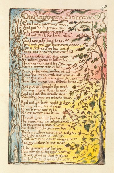 على حزن آخر ، رسم توضيحي من "أغاني البراءة والخبرة" (Bentley Copy L) pl.28 (Bentley 27) 1789-94 (نقش بارز بالقلم الجاف والألوان المائية على الورق) بواسطة وليام بليك