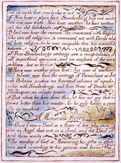 "واحد على الأرض كسر شبكة ..." ، نص من "زواج الجنة والجحيم" ، حوالي 1790-3 (نقش بارز بالقلم الرصاص والألوان المائية) بواسطة وليام بليك