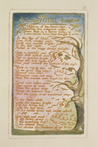 P.125-1950.pt51 فتاة صغيرة ضائعة: اللوحة 51 من أغاني البراءة والخبرة (نسخة AA) c.1815-26 (النقش والحبر والمرحاض) بواسطة وليام بليك