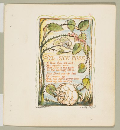 أغاني البراءة والخبرة: The Sick Rose ، كاليفورنيا. 1825. بواسطة وليام بليك