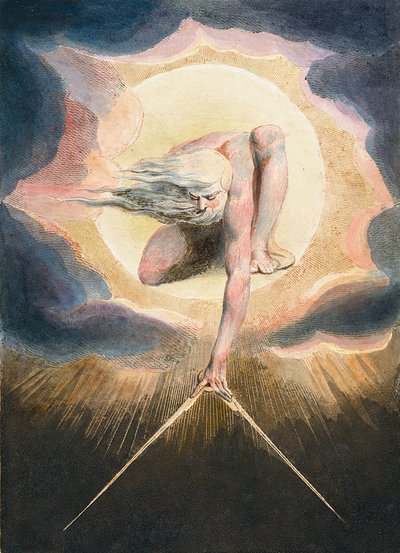 The Ancient of Days - Urizen يقيس العالم المادي - Urizen يقيس العالم المادي. رسم توضيحي لواجهة الكتاب "" أوروبا. إلى النبوة. " رسم ويليام بليك (1757-1827) بواسطة وليام بليك