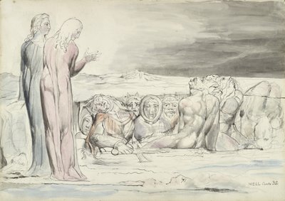 دائرة الخونة: ألبيرتي براذرز ، توضيح للكوميديا الإلهية بقلم دانتي أليغييري ، 1824-27 (قلم وحبر مع مرحاض فوق قلم رصاص وطباشير على ورق) بواسطة وليام بليك