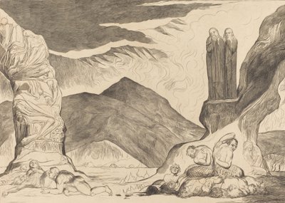 دائرة المزيفين: دانتي وفيرجيل يغطيان أنوفهم بسبب الرائحة الكريهة ، 1827. بواسطة وليام بليك