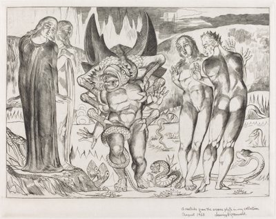 دائرة اللصوص ، هجوم أنولو برونليسكي من قبل أفعى سداسية القدمين ، 1827. بواسطة وليام بليك