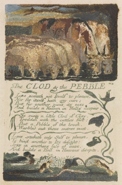 "The Clod & the Pebble ،" اللوحة 36 من "أغاني الخبرة ،" 1794 (نقش بارز بالألوان المائية) بواسطة وليام بليك