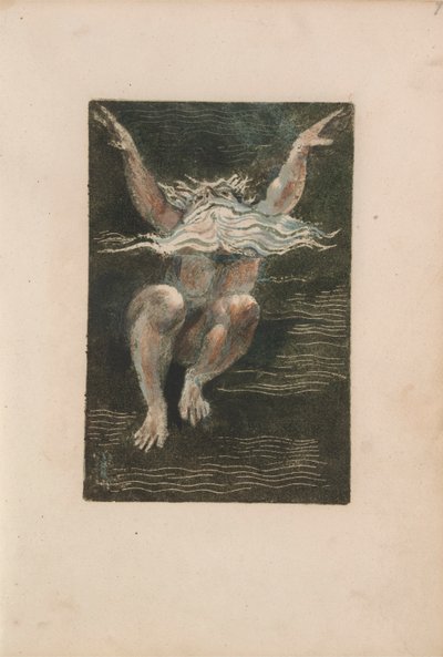 الكتاب الأول من Urizen ، pl.7 (رجل عاري ذو لحية بيضاء عائمة يبدو أنه يرتفع في المياه العميقة) 1794 (نقش بارز مطبوع مع مرحاض) بواسطة وليام بليك