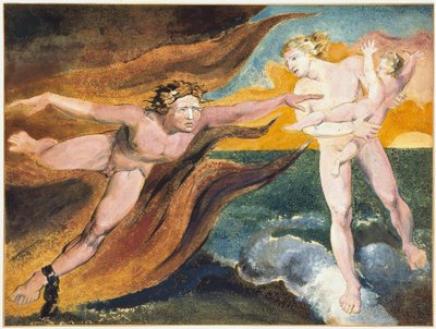 الملائكة الطيبون والشر يكافحون من أجل حيازة طفل مثل ويليام بليك (1757-1827) بواسطة وليام بليك
